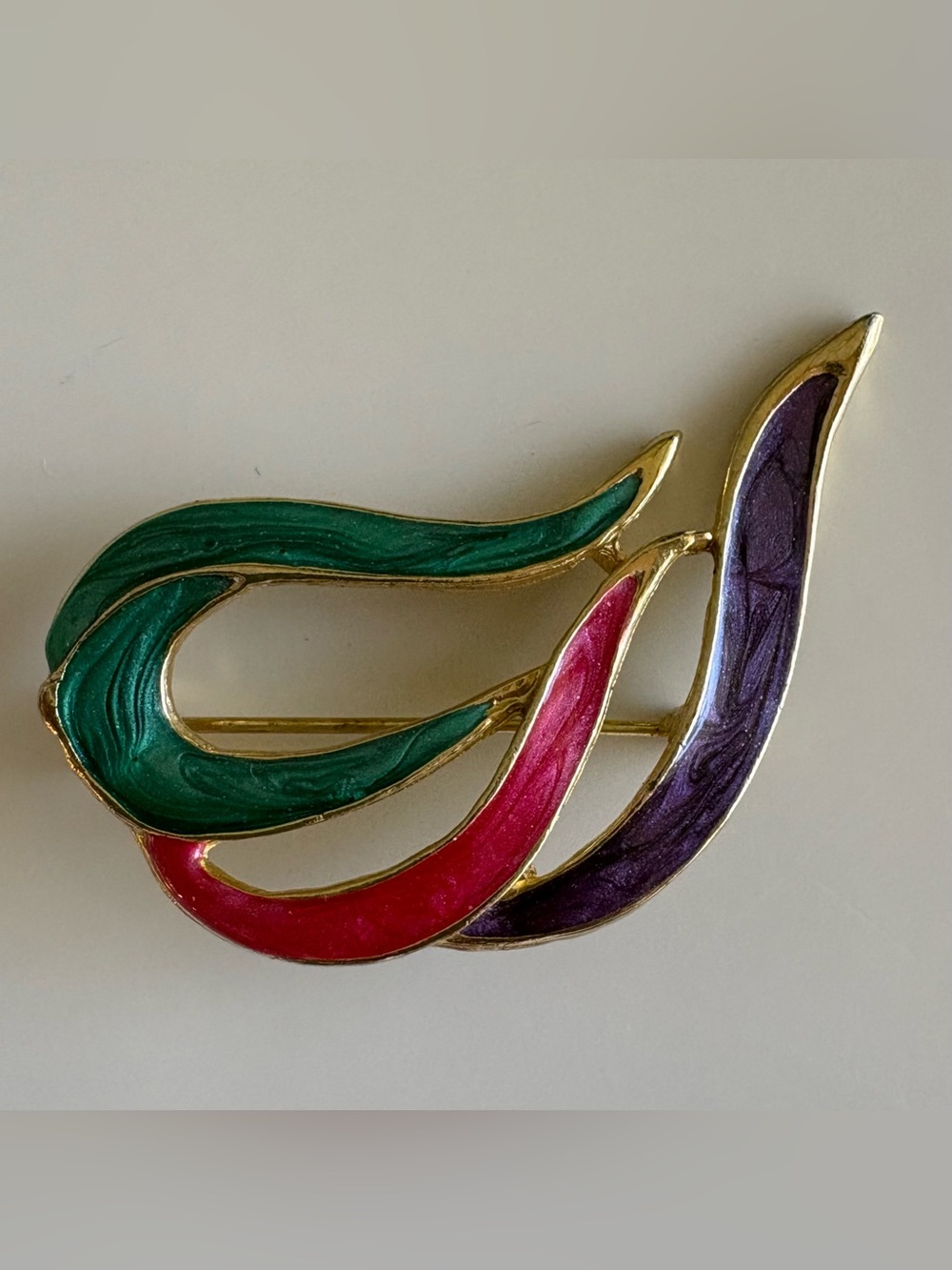 Vintage Colorful Enamel Abstract Brooch Gold Tone Green Pink Purple Statement